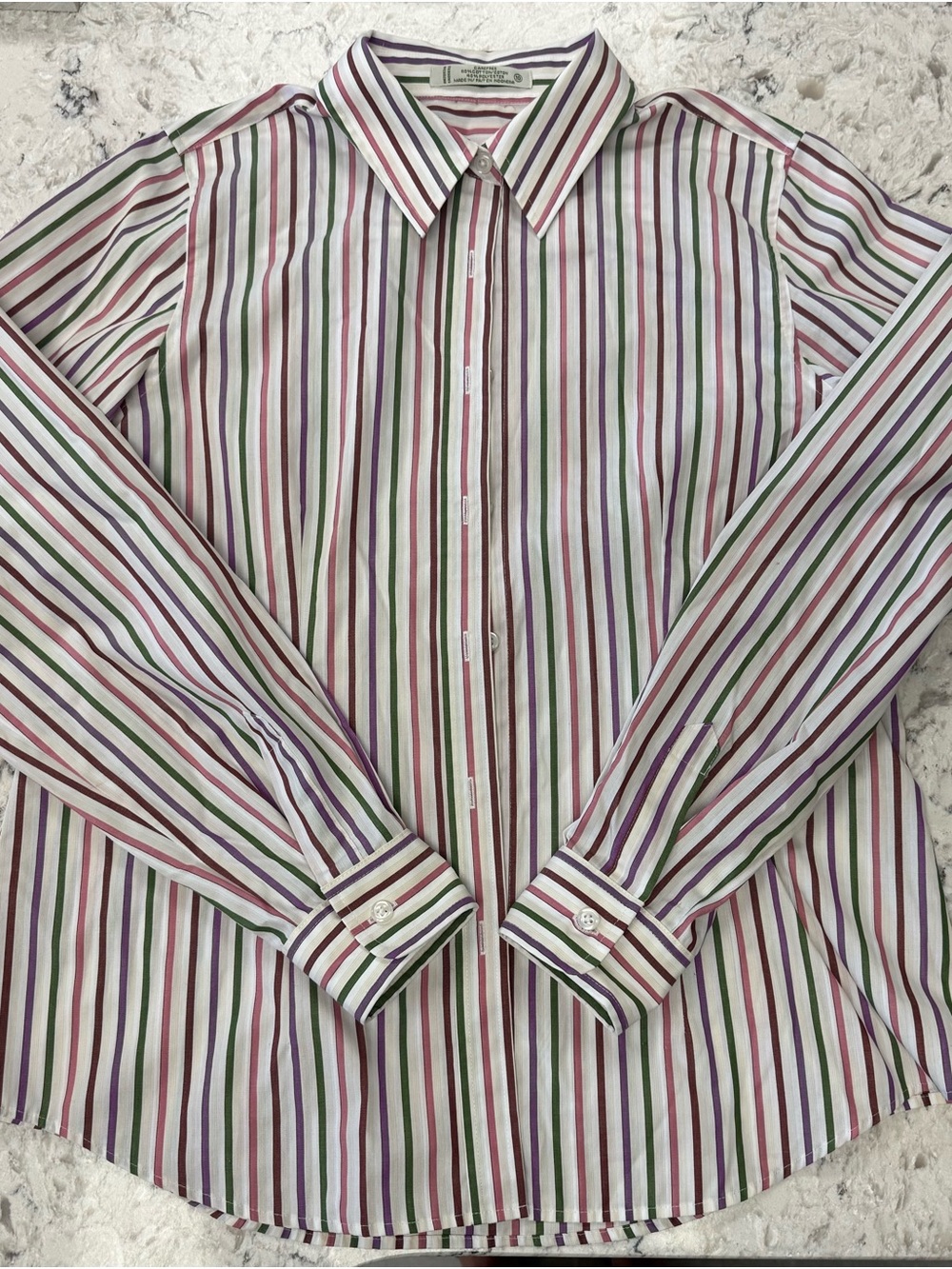 Women’s Orvis White Button-Down Shirt with pink , Green & Purple Stripes